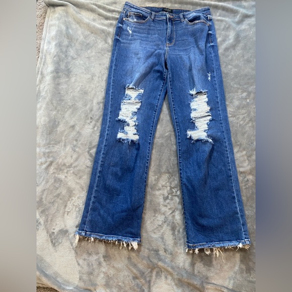 Judy Blue Dark Blue Distressed Dad Jeans - Picture 1 of 5